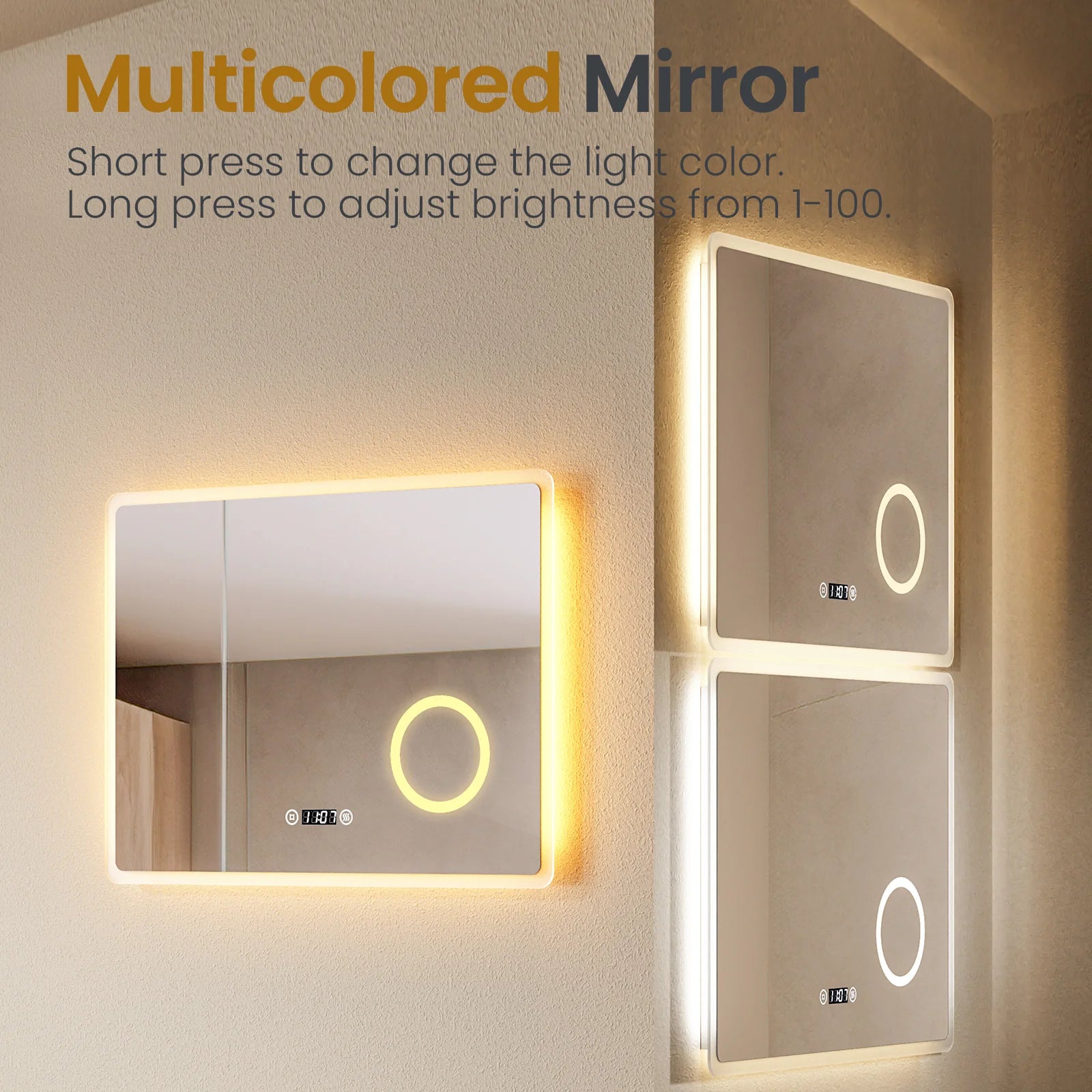Bathroom Mirror 80x60cm with 3000K/4000K/6500K +Dimmable+Demister Pad+3X Magnification+Clock
