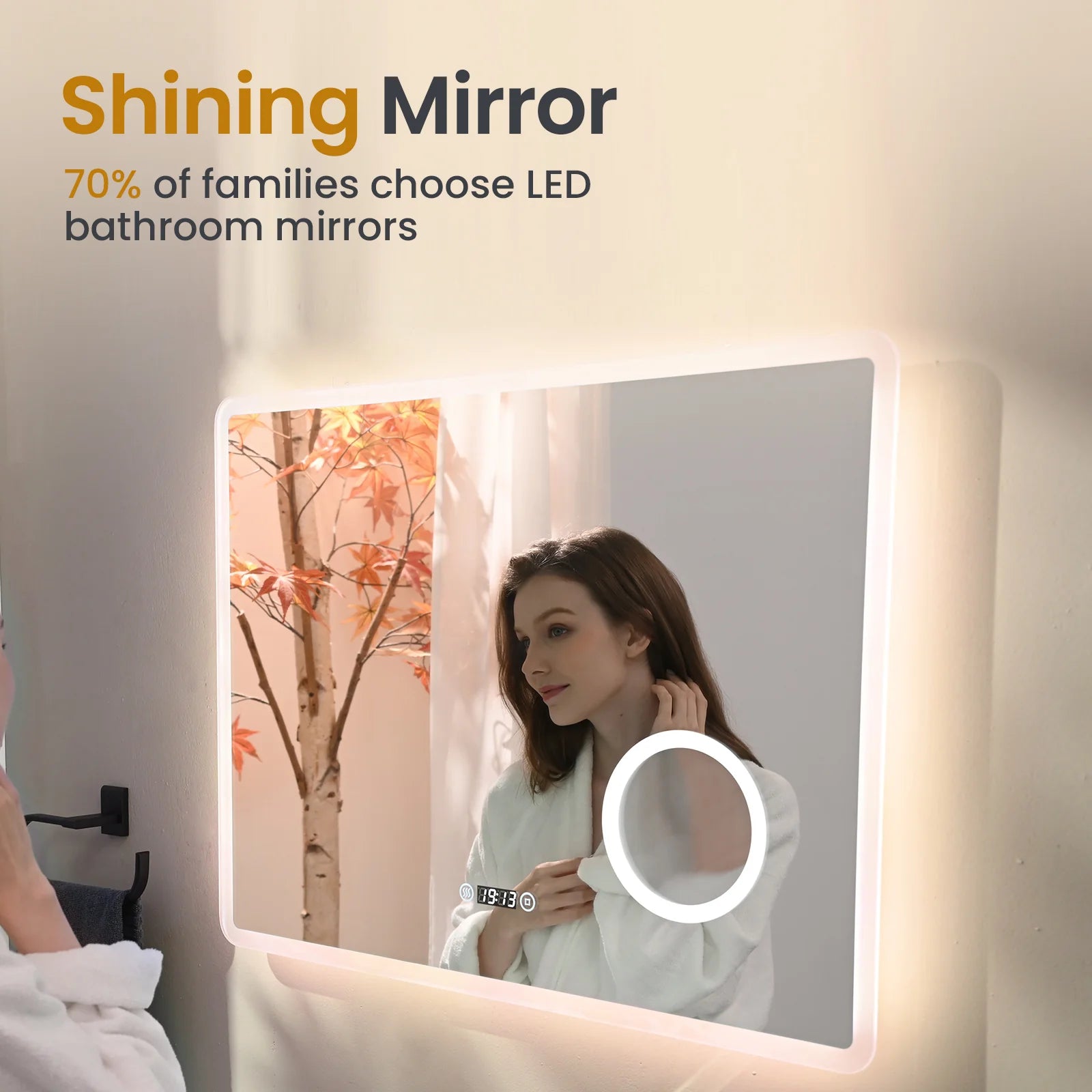 Bathroom Mirror 80x60cm with 3000K/4000K/6500K +Dimmable+Demister Pad+3X Magnification+Clock