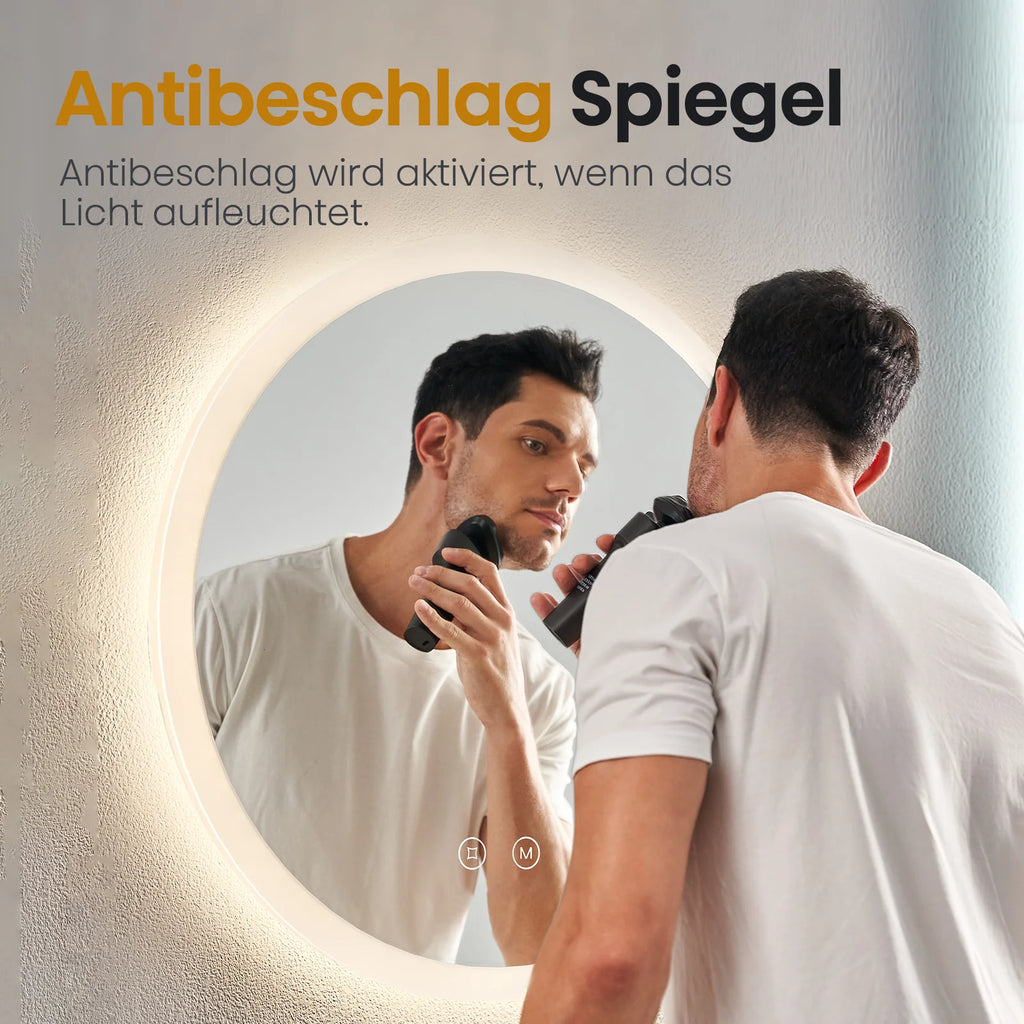Round Bathroom Mirror 60cm with 3000K/4000K/6500K Touch+Dimmable+Demister Pad
