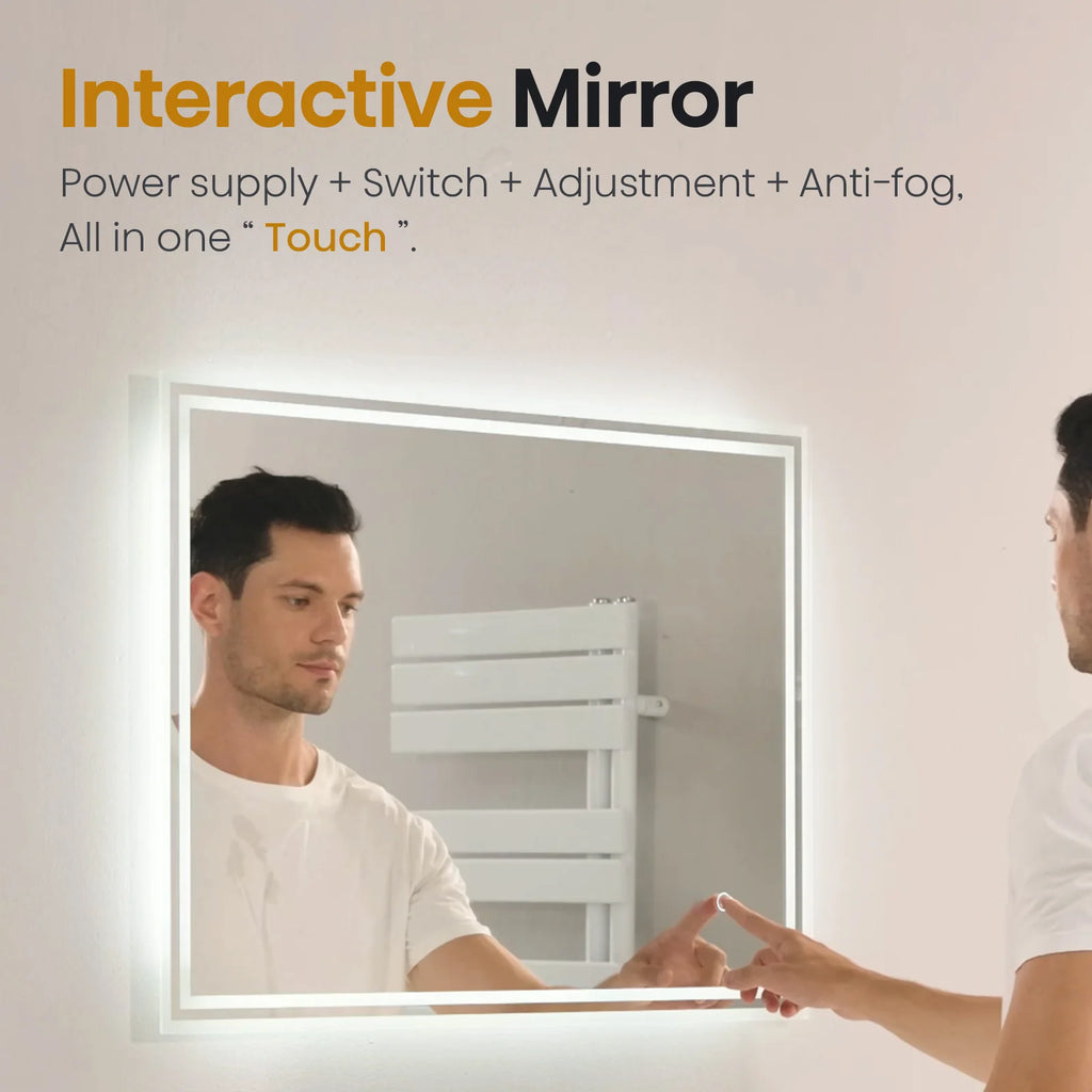 Bathroom Mirror 80x60cm with 3000K/4000K/6500K Touch+Dimmable+Demister