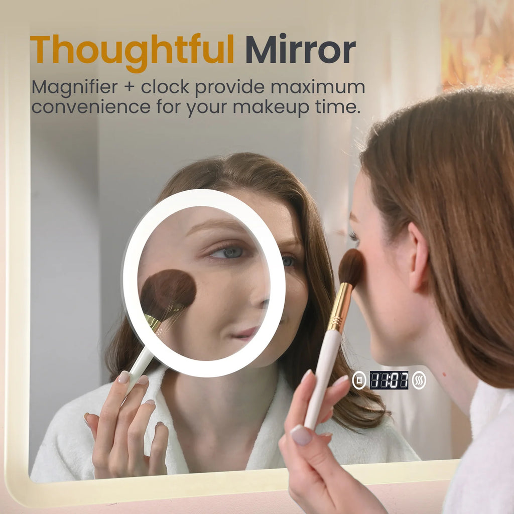 Bathroom Mirror 80x60cm with 3000K/4000K/6500K +Dimmable+Demister Pad+3X Magnification+Clock
