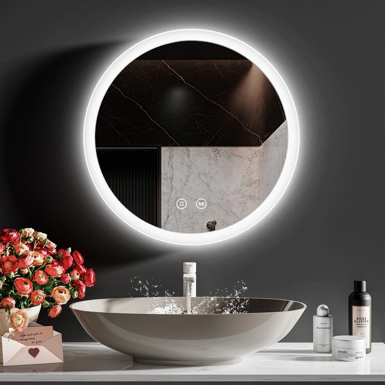 Round Bathroom Mirror 60cm with 3000K/4000K/6500K Touch+Dimmable+Demister Pad