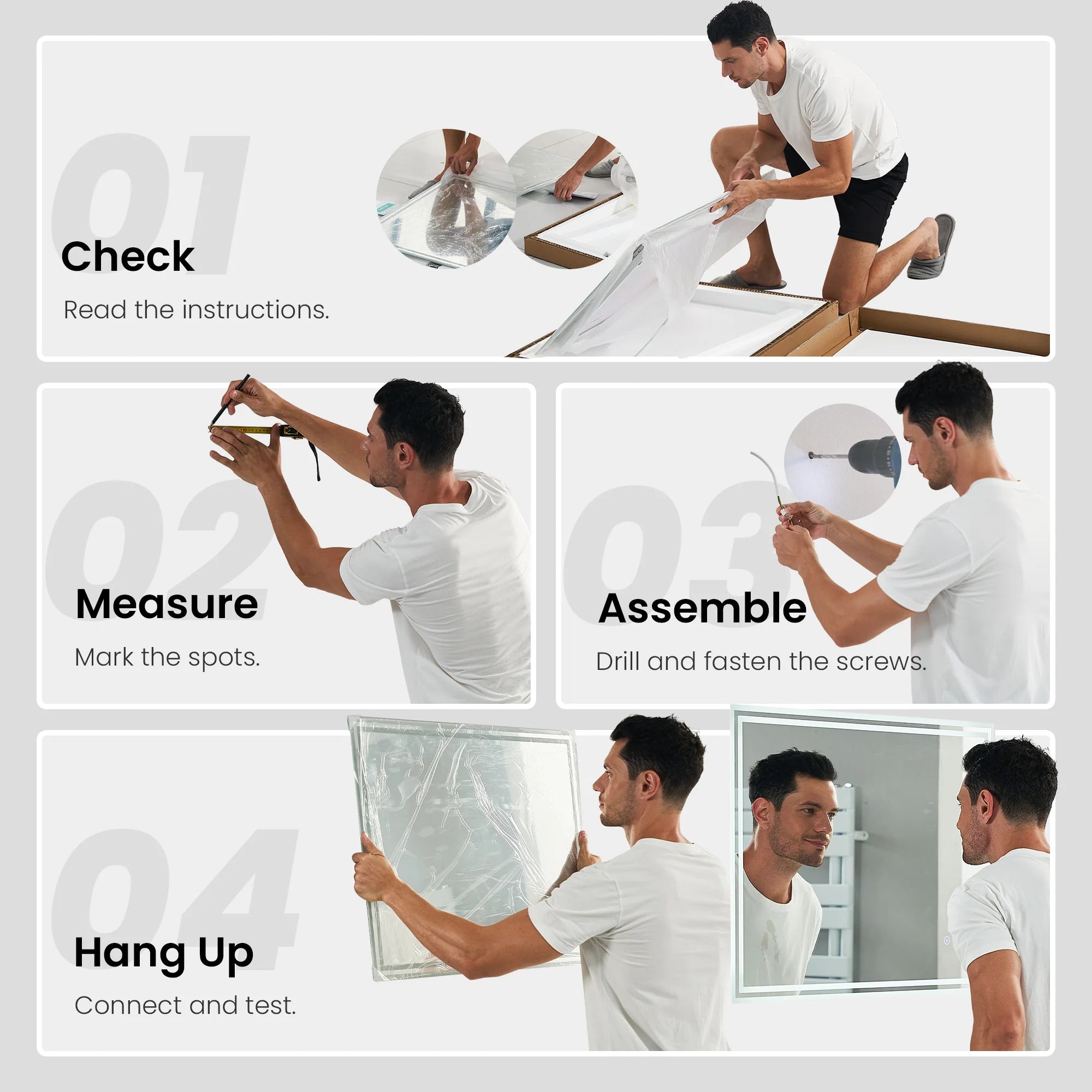 Bathroom Mirror with 3000K Warm White Light and Wall Switch, 80x60cm