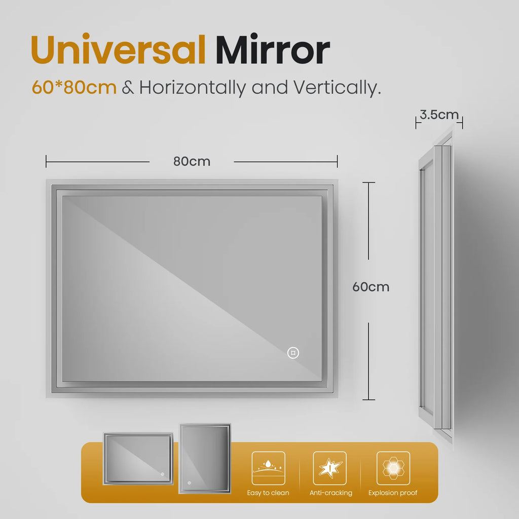 Bathroom Mirror 80x60cm with 3000K/4000K/6500K Touch+Dimmable+Demister