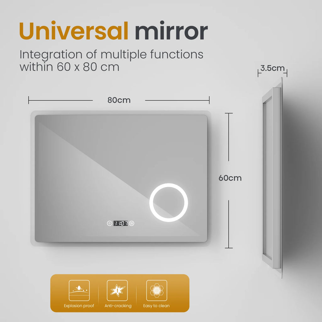 Bathroom Mirror 80x60cm with 3000K/4000K/6500K +Dimmable+Demister Pad+3X Magnification+Clock