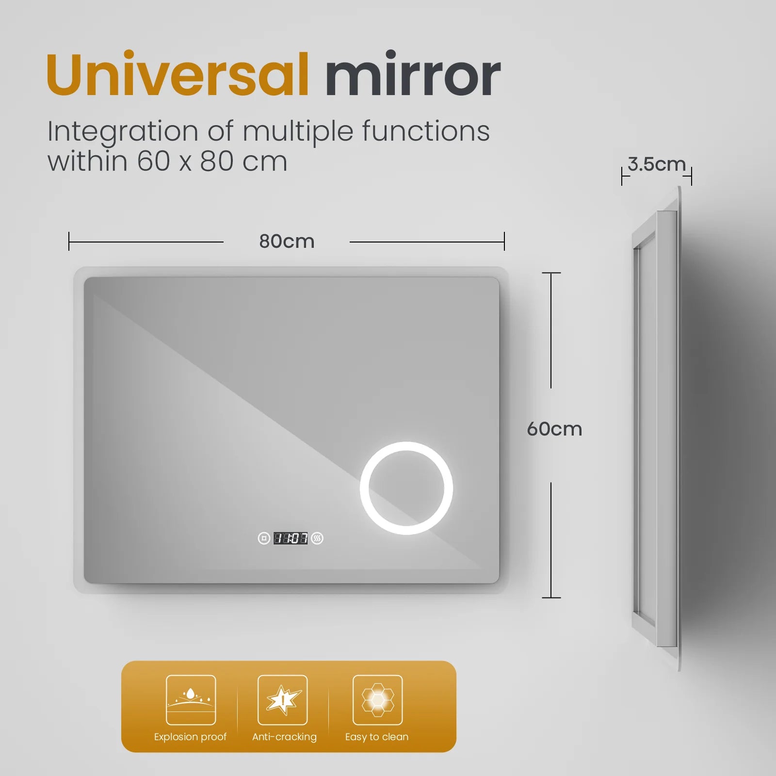 Bathroom Mirror 80x60cm with 3000K/4000K/6500K +Dimmable+Demister Pad+3X Magnification+Clock