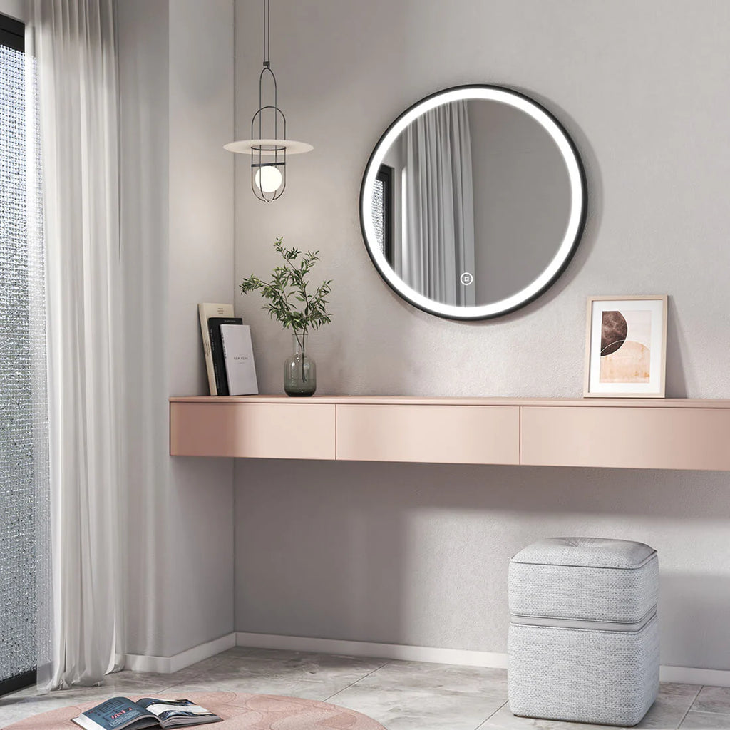 Round Black Framed LED Illuminated Mirror, 6500K
