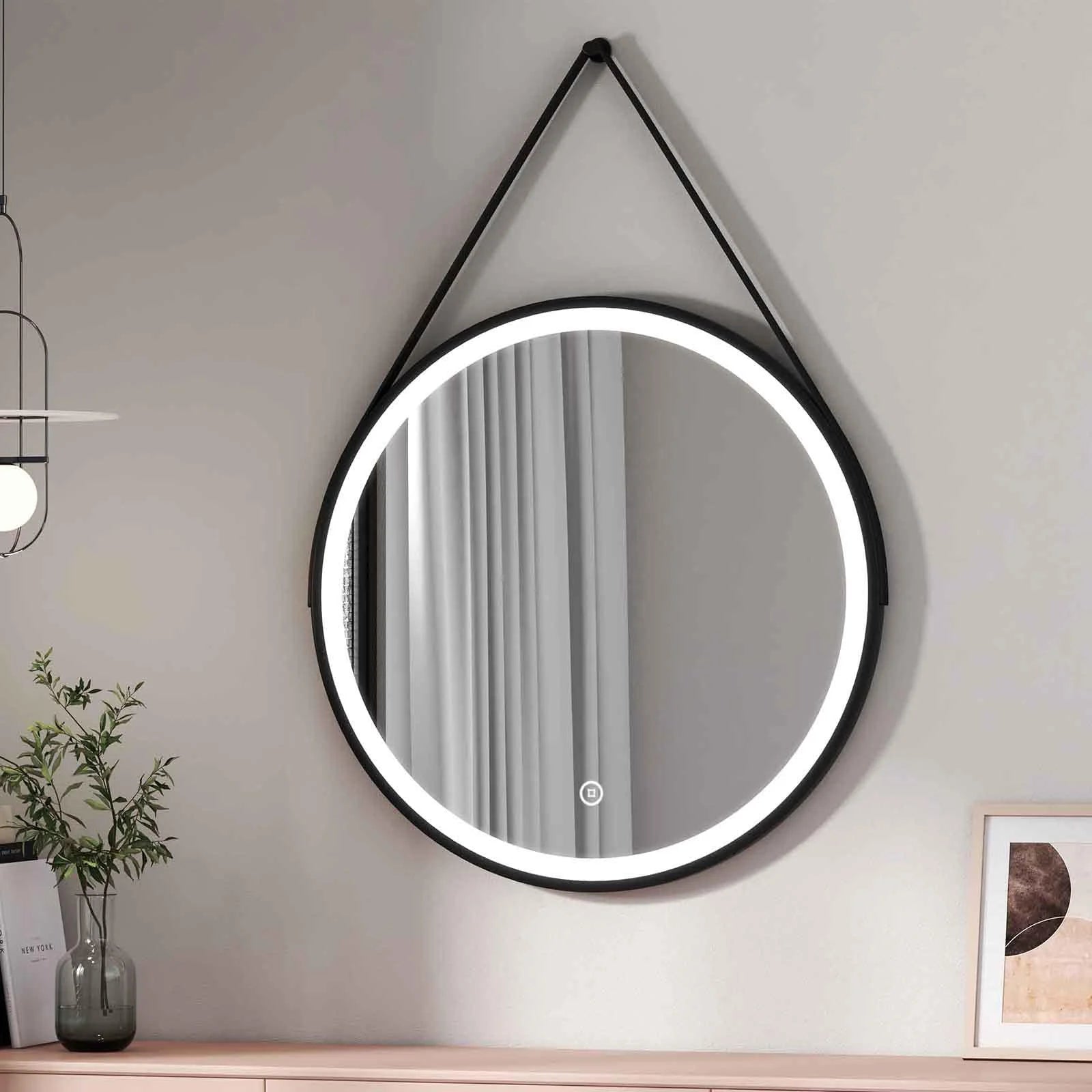 Round Black Framed LED Illuminated Mirror, 6500K