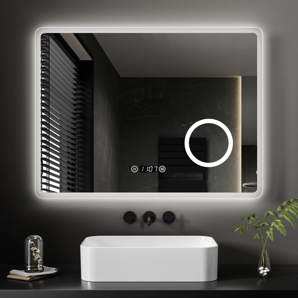 Bathroom Mirror 80x60cm with 3000K/4000K/6500K +Dimmable+Demister Pad+3X Magnification+Clock