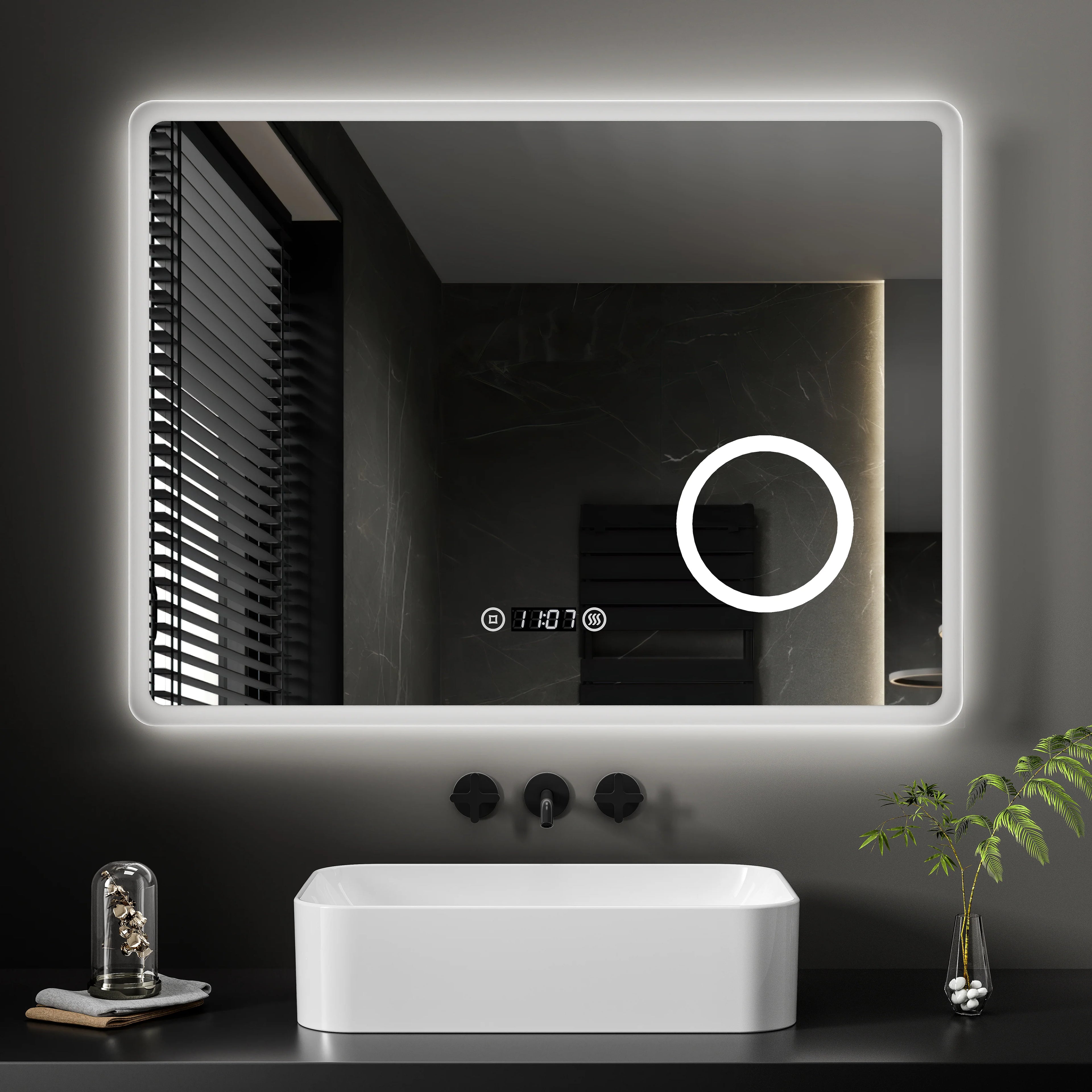 Bathroom Mirror 80x60cm with 3000K/4000K/6500K +Dimmable+Demister Pad+3X Magnification+Clock