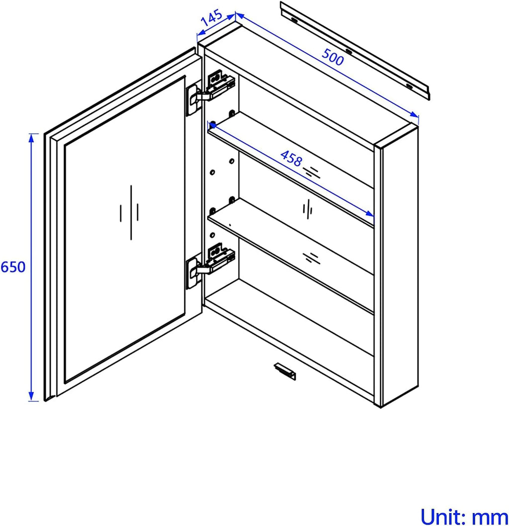 Bathroom Mirror Cabinet, Single Door, Black/White, 50x65cm