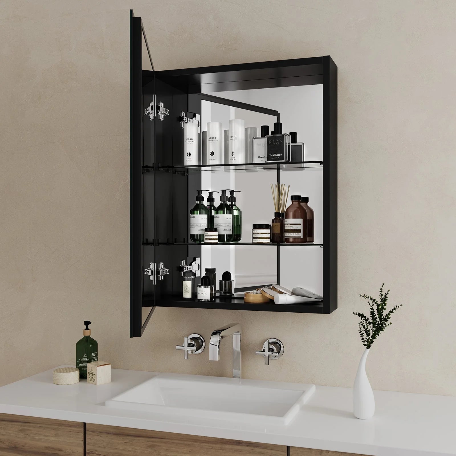 Bathroom Mirror Cabinet, Single Door, Black/White, 50x65cm
