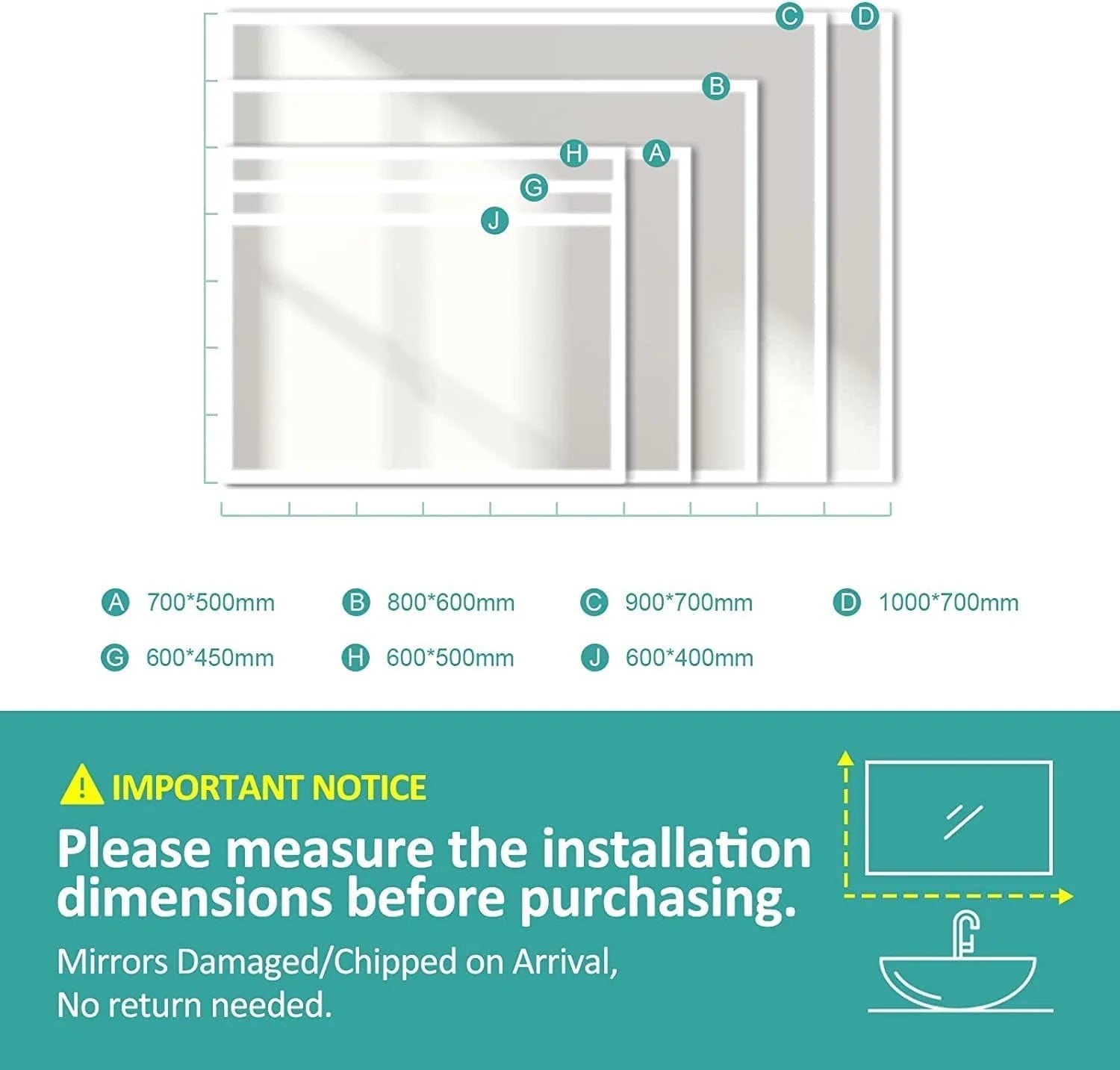 Bathroom Mirror with Rounded Corners, Demister, 6500K, Hang Vertically/Horizontally