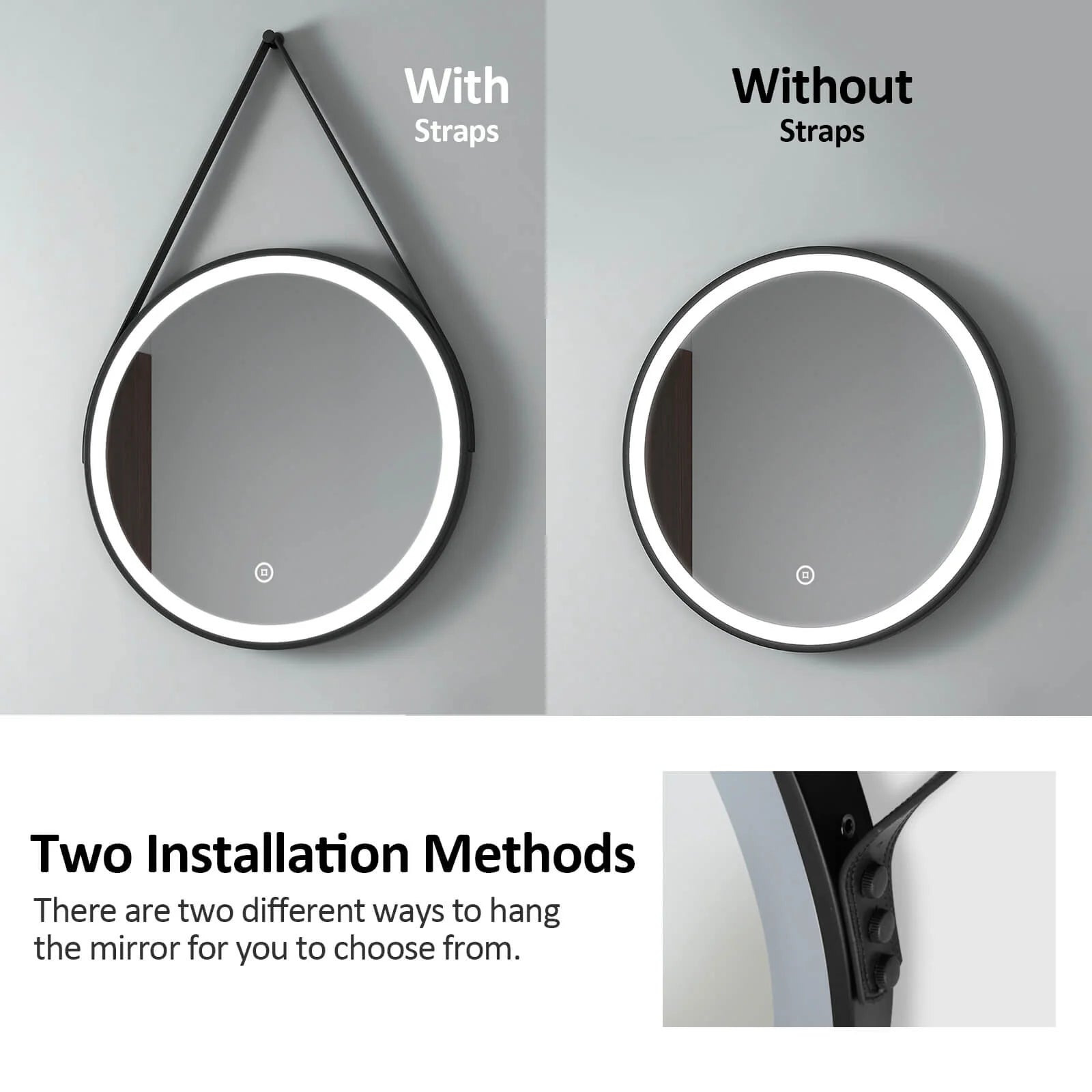 Round Black Framed LED Illuminated Mirror, 6500K