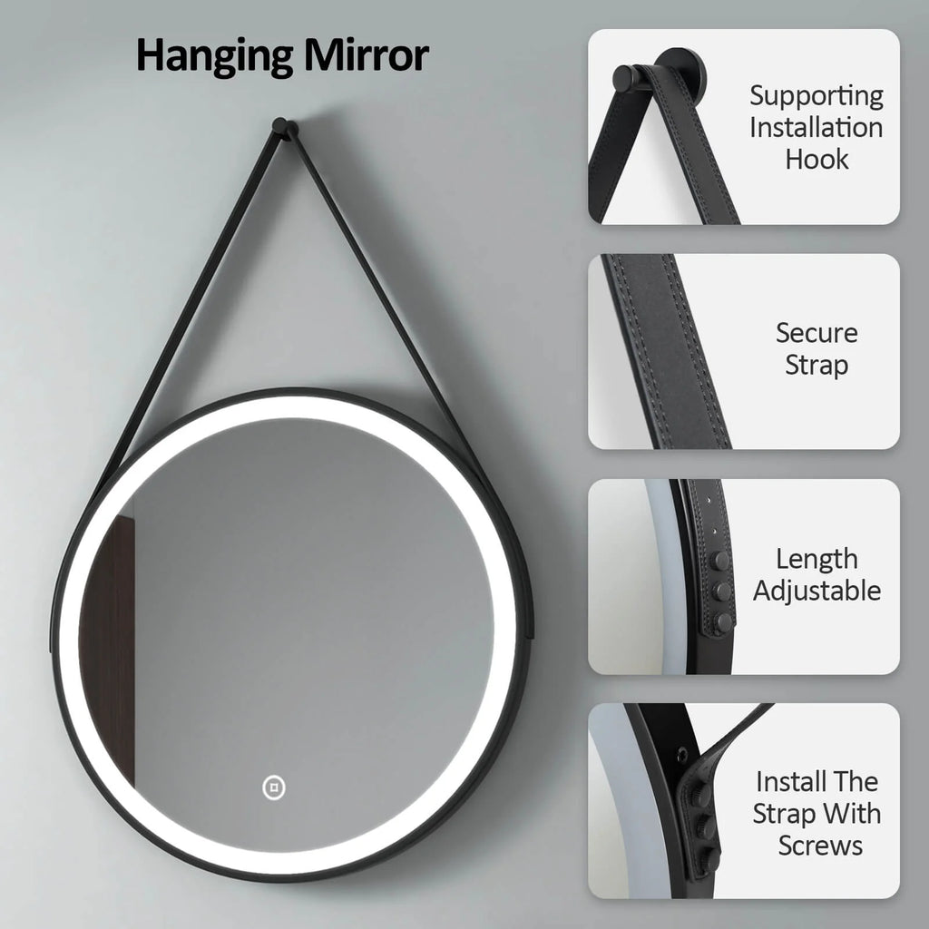 Round Black Framed LED Illuminated Mirror, 6500K