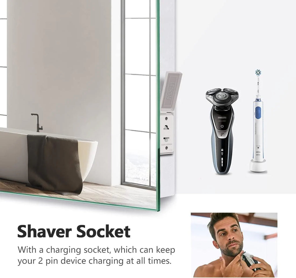LED Illuminated Bathroom Mirror, with Demister and Shaver Socket, Vertical/Horizontal Hanging