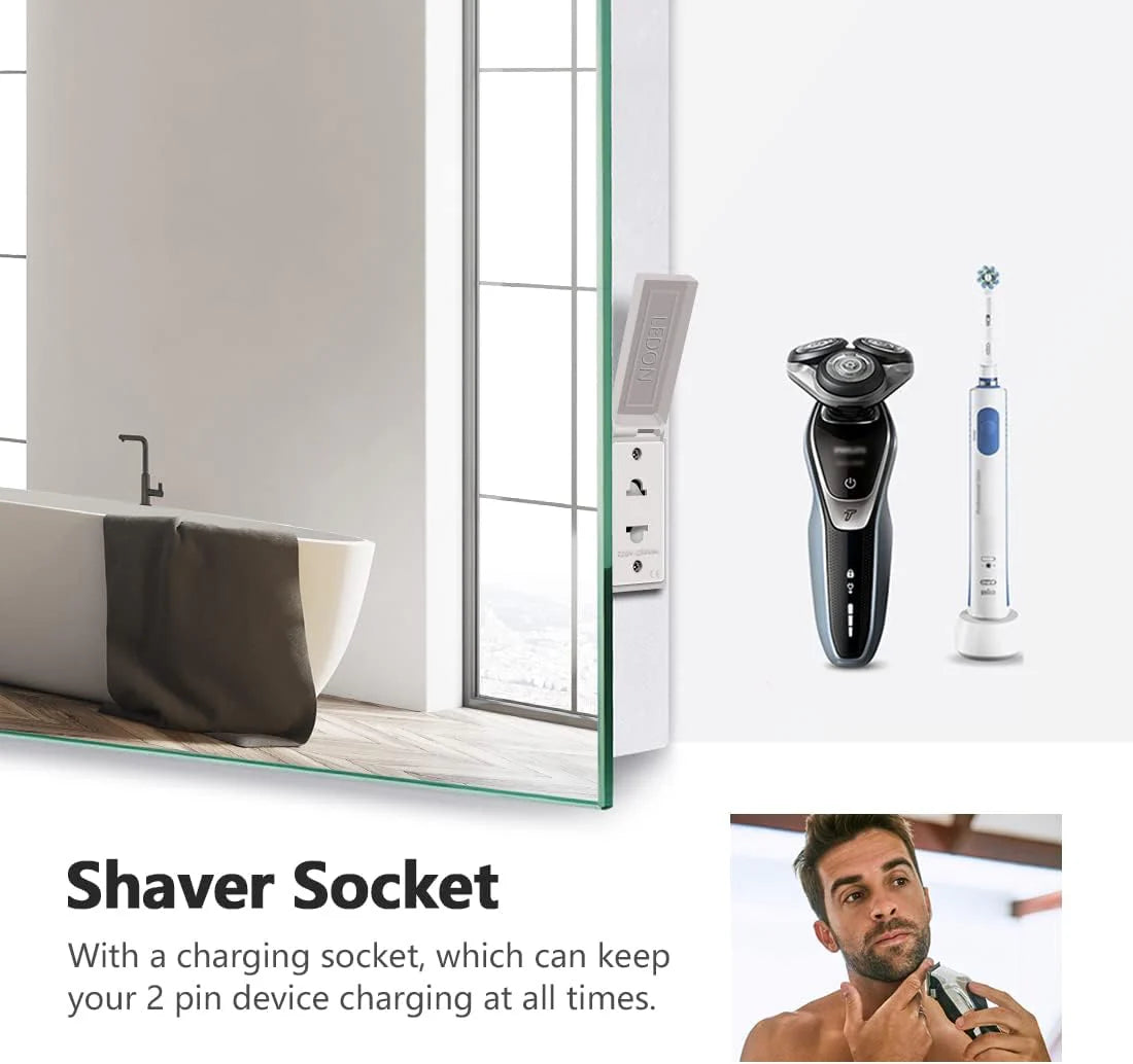 LED Illuminated Bathroom Mirror, with Demister and Shaver Socket, Vertical/Horizontal Hanging