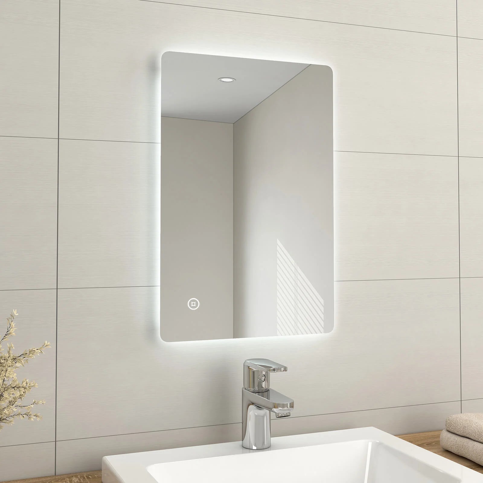 Bathroom Mirror with Rounded Corners, Demister, 6500K, Hang Vertically/Horizontally