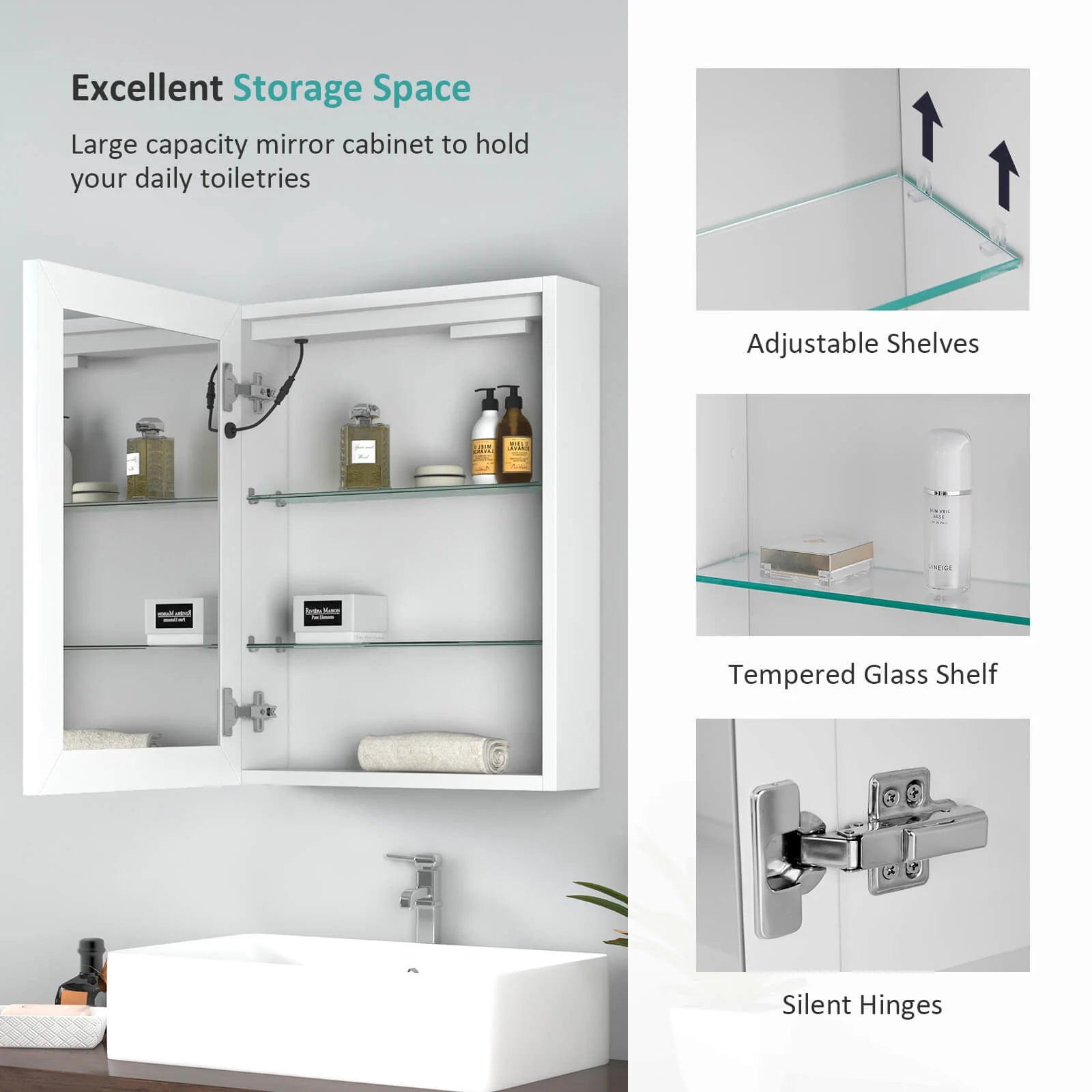 LED Aluminium Mirror Cabinet with Demister Pad and Shaver Socket